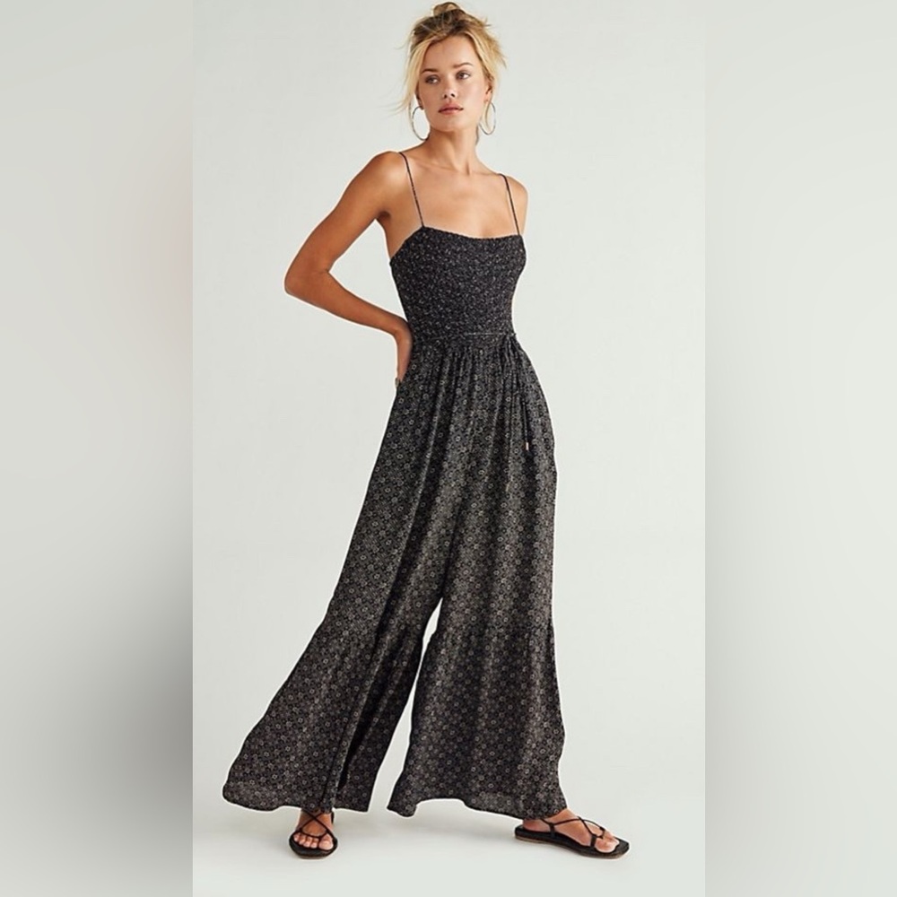 Free People Black Floral Smocked Wide-Leg Jumpsuit